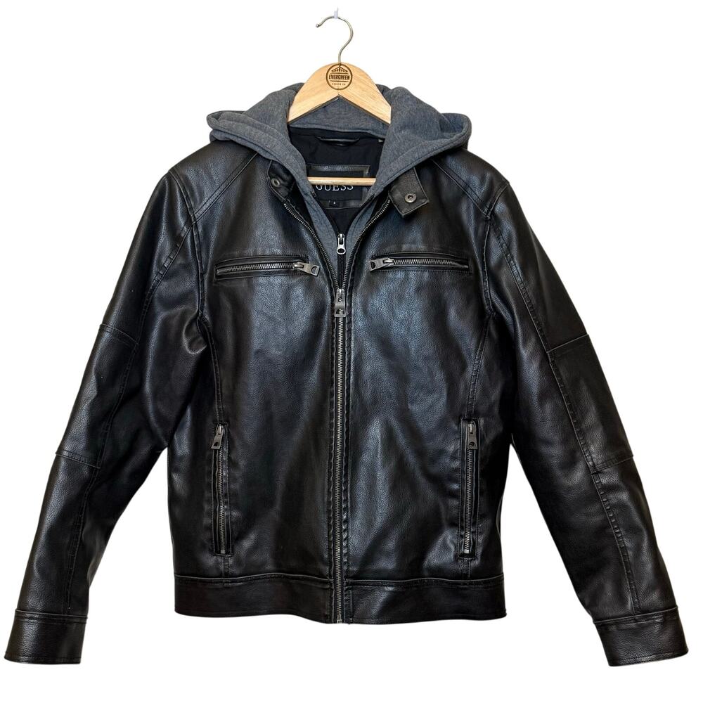 Guess Faux Leather Hooded Moto Jacket Lined Y2K 2000s Style Black Men's Small